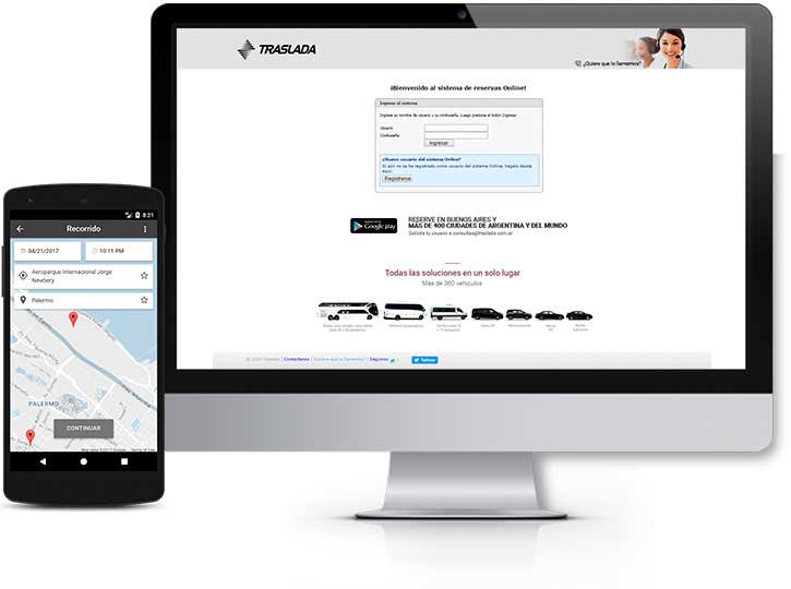 Sistema de reservas Traslada, seguimiento de viajes corporativos en desktop y móvil.